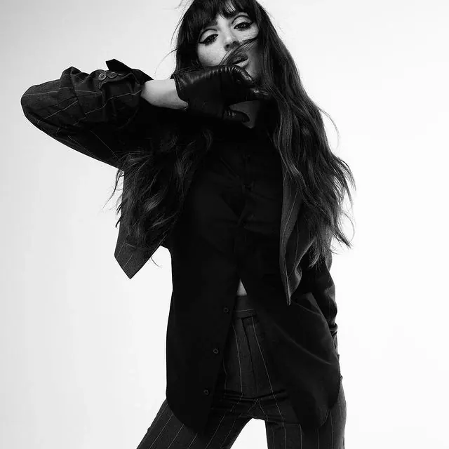 Monochrome pinstripe fashion portrait, editorial, minimal, monochrome