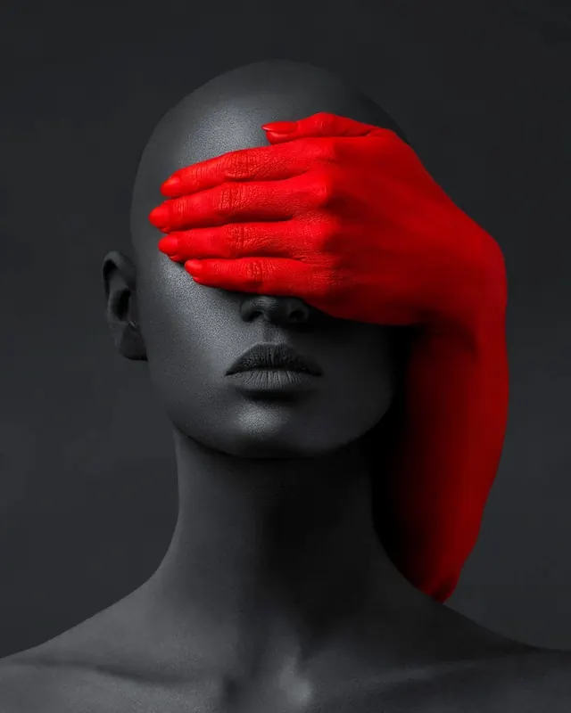 Red hand portrait photography duotone, photographic, dark-mode, dark