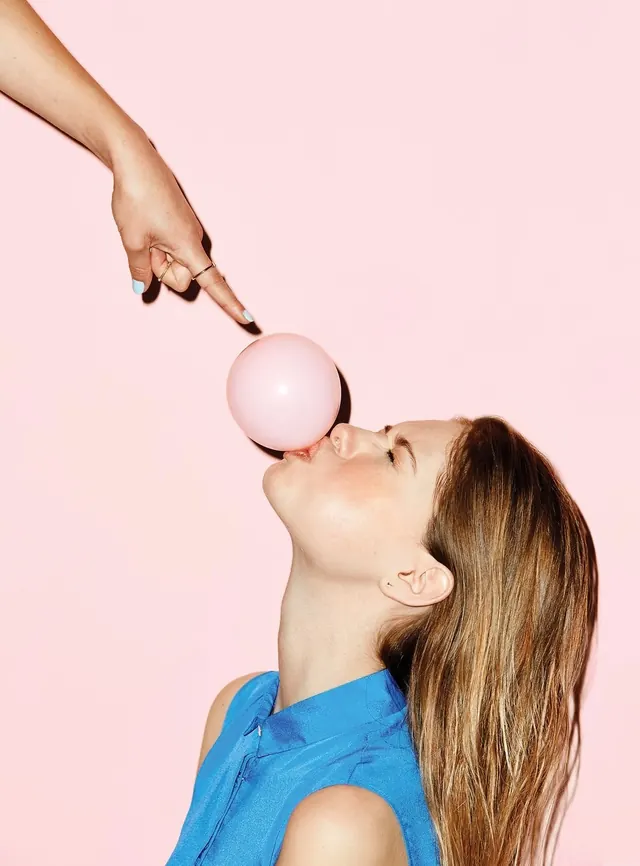Pop art bubble gum portrait, photographic, playful, pastel