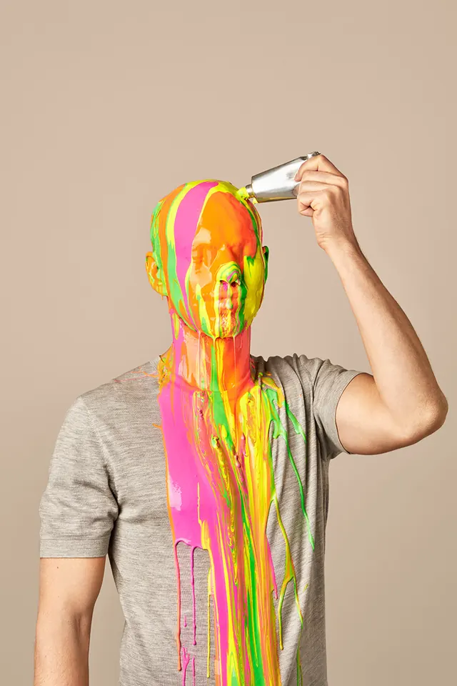 Paint-pour portrait double exposure, illustrated, artistic, vibrant