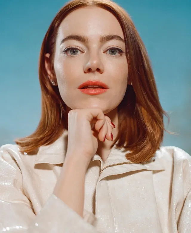 Portrait in coral and teal studio light, photographic, editorial, cool