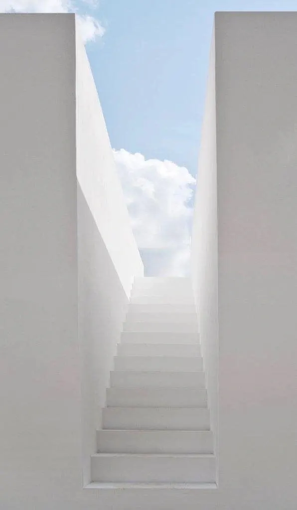 White stairway opening to cloudy sky, minimal, photographic, light