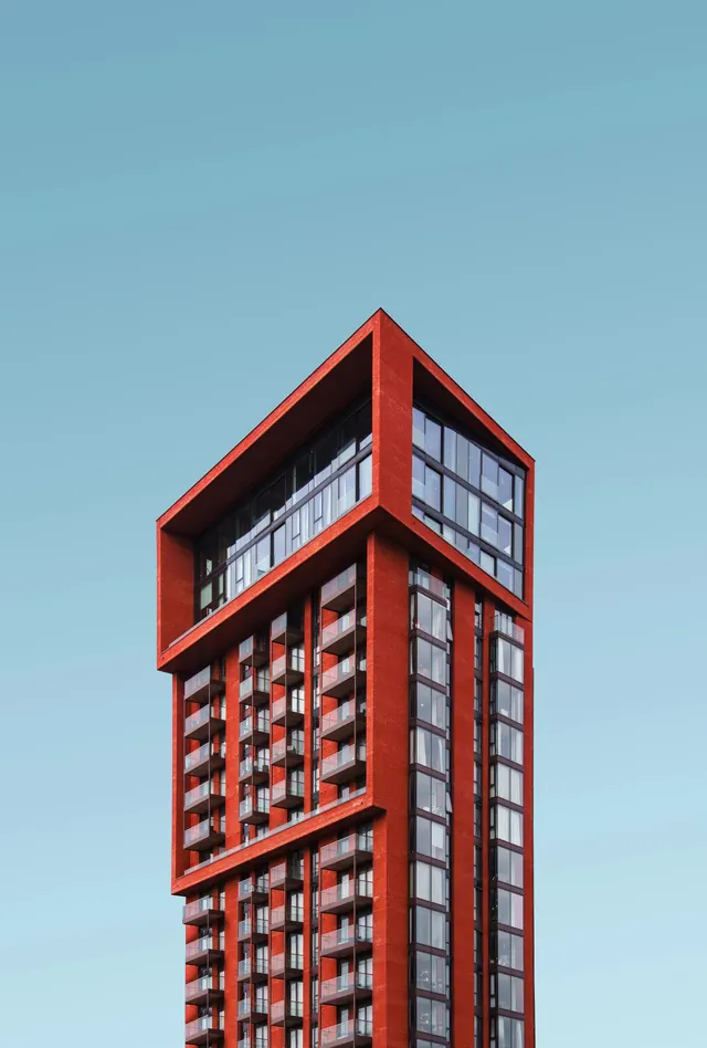 Red brick tower with cantilever crown, geometric, photographic, warm