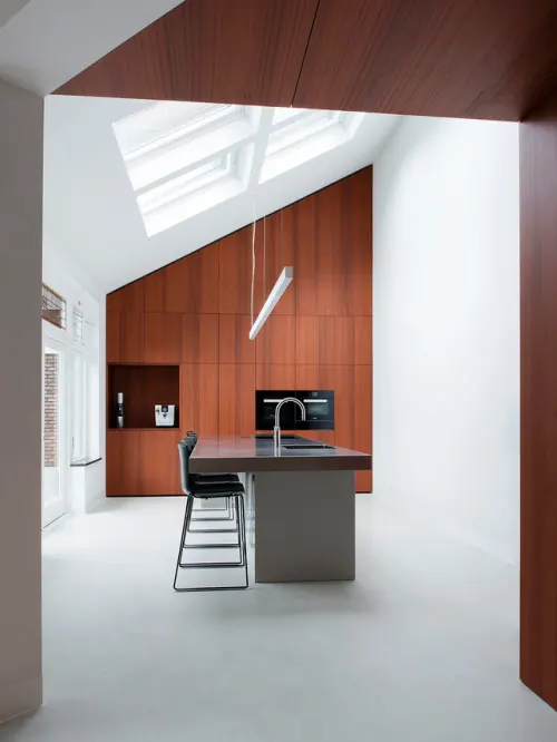 Sloped-ceiling kitchen with wood wall, minimal, photographic, light