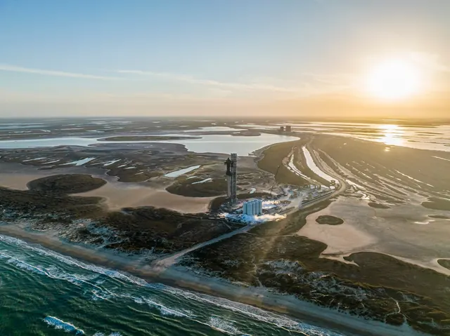 Coastal rocket launch aerial photograph, photographic, technical, warm