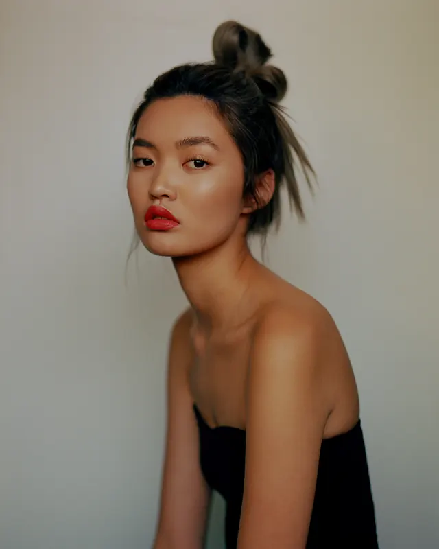 Red lip beauty portrait, minimal, photographic, light