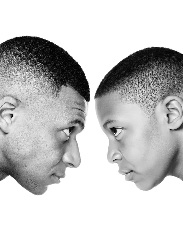 Father and son profile portrait, minimal, photographic, light