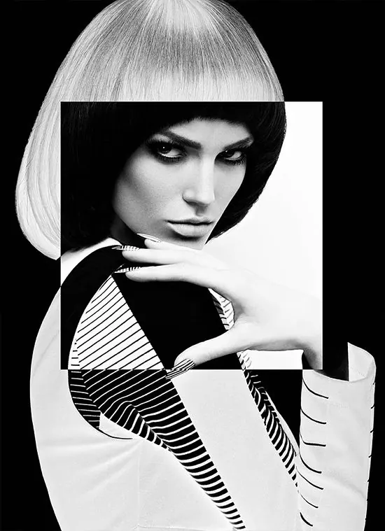 Beauty portrait with split composition, photographic, geometric, monochrome