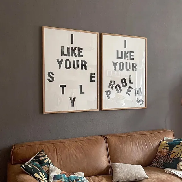 Living room interior with typographic art, editorial, minimalist, earthy