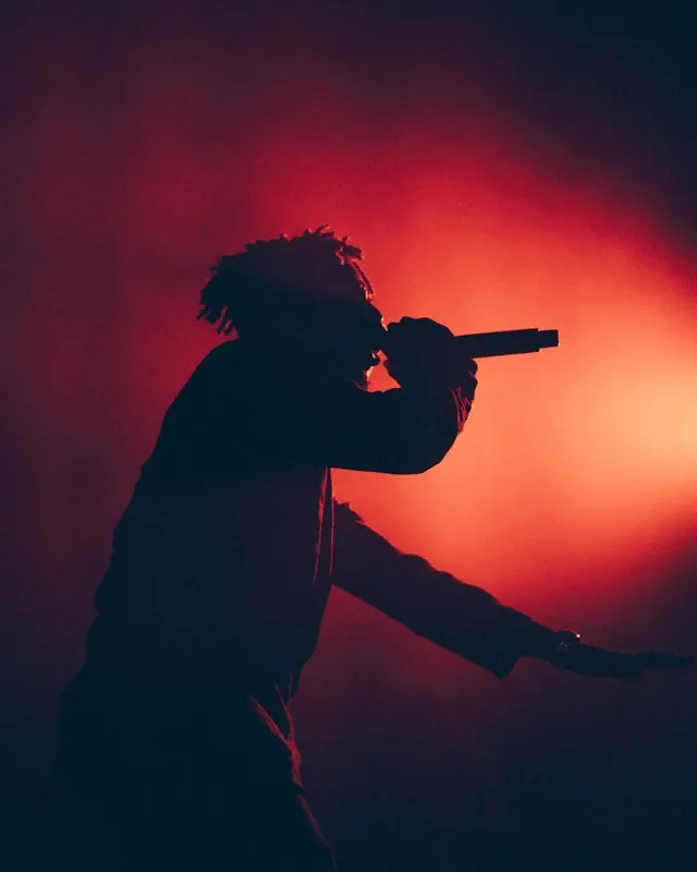 Silhouette performer with megaphone, photographic, dark-mode, dark