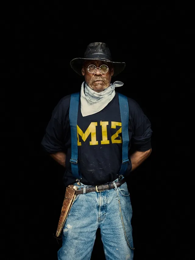 Portrait of man in MIZ shirt and cowboy hat, photographic, dark-mode, dark