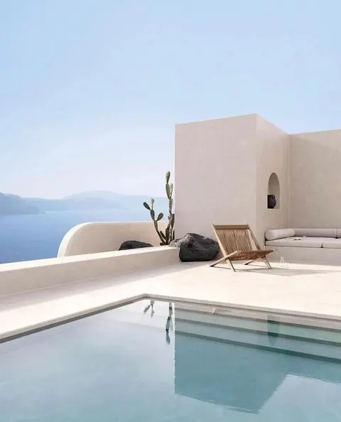 Minimalist Mediterranean poolside, minimal, organic, light