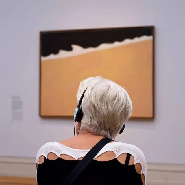 Person listening to headphones viewing warm abstract art, photographic, minimalist, warm