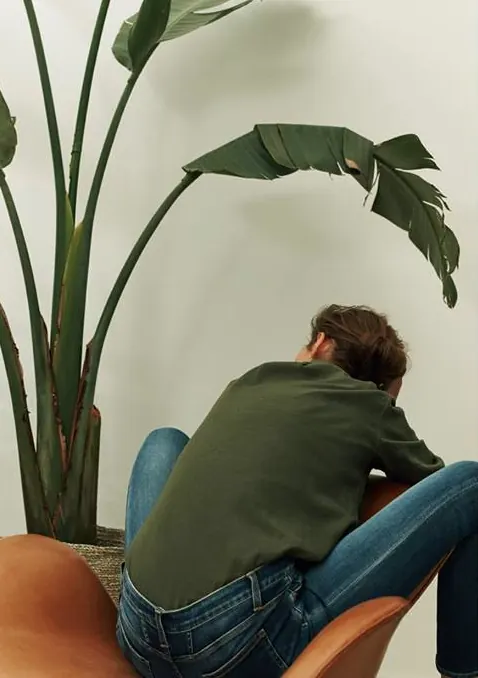 Person sitting under large potted plant, photographic, minimal, light