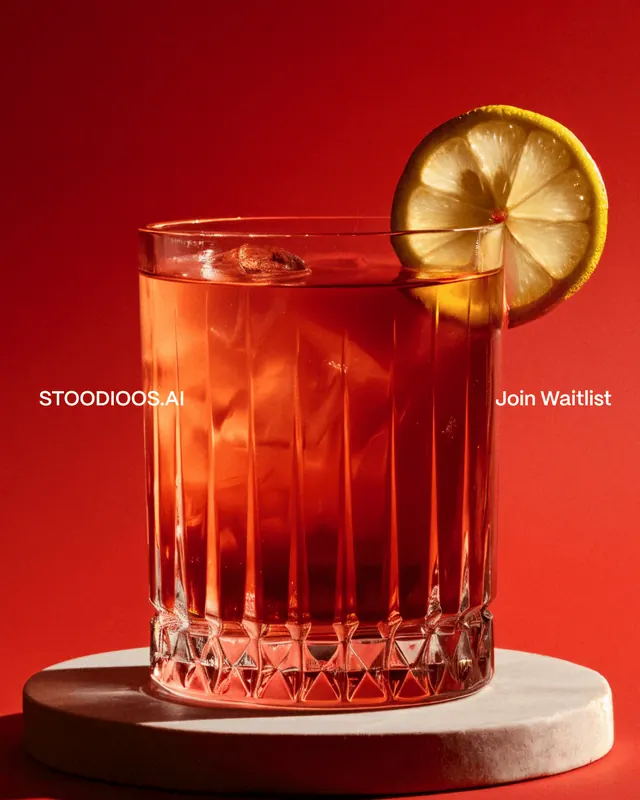 Cocktail on red STUDIOOS.AI waitlist hero, minimal, photographic, vibrant