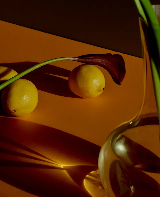 Orange still life with lemons and calla lily, minimal, photographic, warm