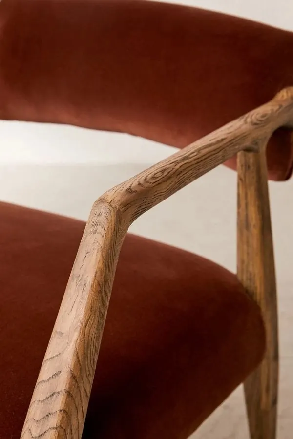 Terracotta velvet mid-century armchair, minimal, organic, warm
