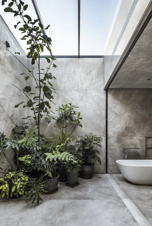 Biophilic marble bathroom with skylight plants, minimal, organic, light