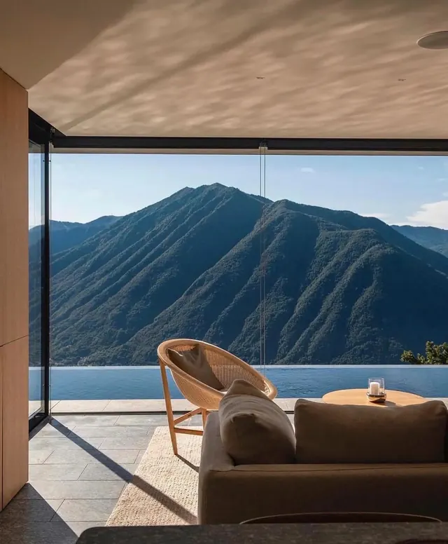 Mountain vista through minimalist interior, photographic, minimal, cool