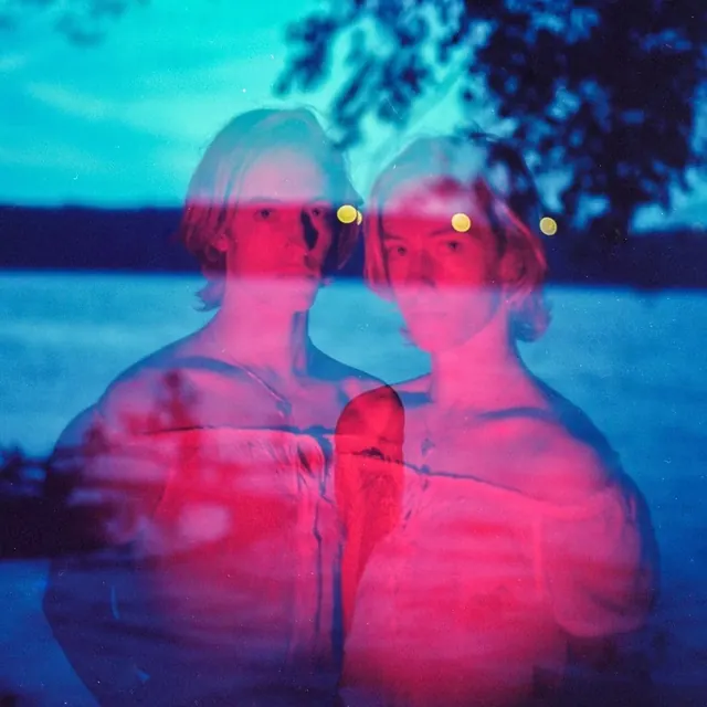 Dual portrait with neon color overlay, photographic, illustrated, neon
