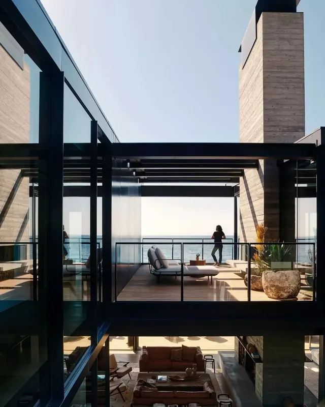 Minimalist balcony interior with water view, photographic, minimalist, light