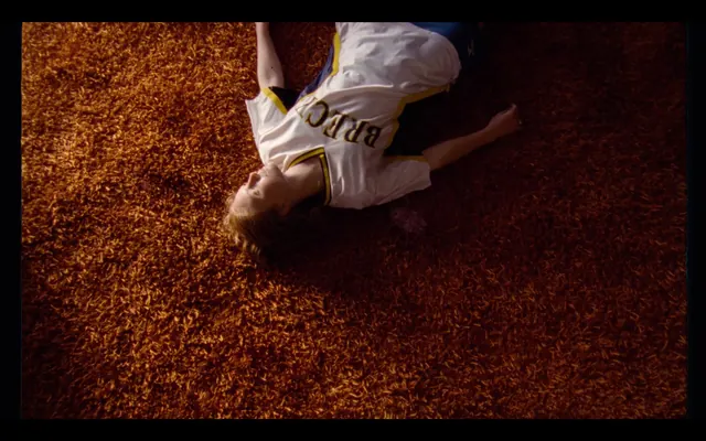 Figure on orange shag carpet, photographic, retro, warm