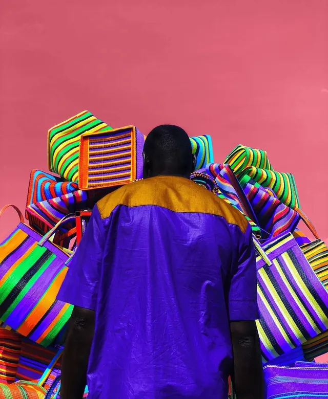 Figure amid striped woven bags, photographic, maximalist, vibrant
