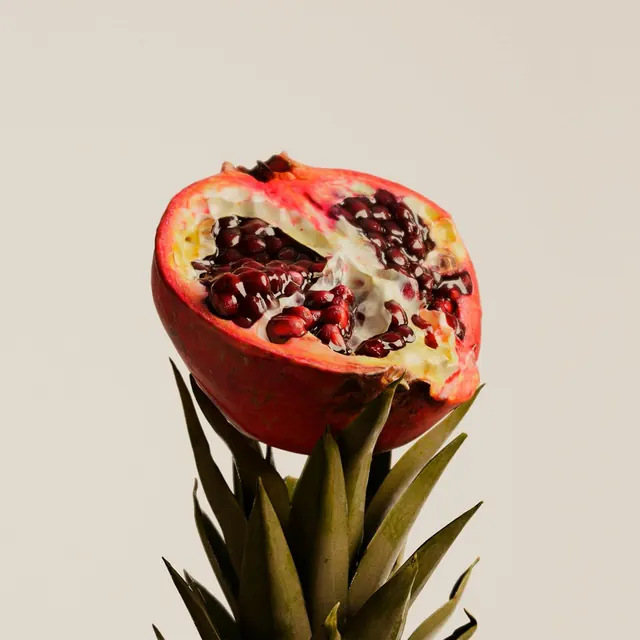 Pomegranate on pineapple crown, organic, minimal, vibrant