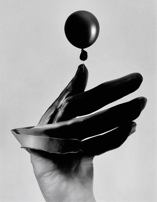 Gloved hand balancing dark balloon, photographic, minimal, monochrome