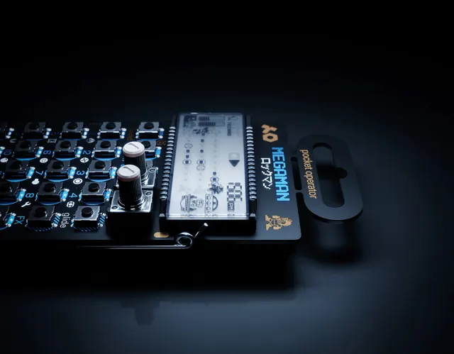 Teenage Engineering synthesizer product lineup, photographic, technical, dark