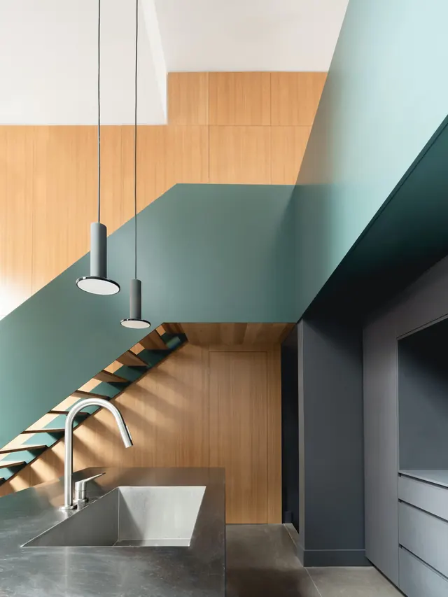 Contemporary kitchen with teal and wood tones, photographic, minimalist, cool