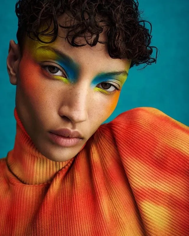 Vibrant editorial makeup and fashion portrait, photographic, editorial, vibrant