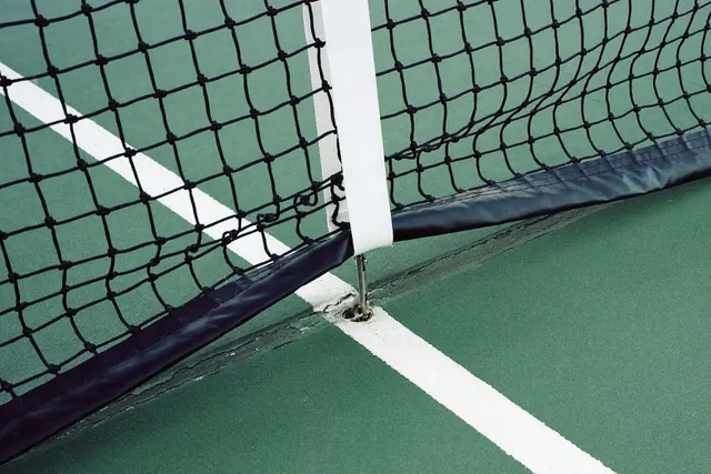 Tennis court net and boundary lines detail, photographic, geometric, cool