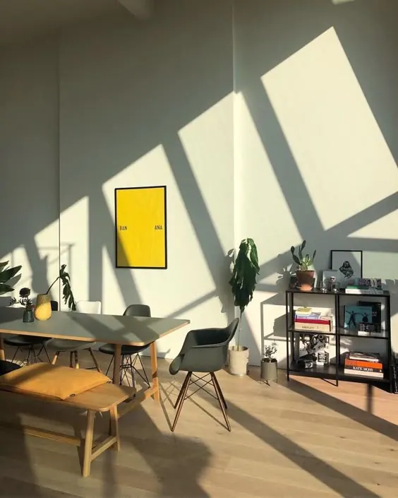 Minimalist office space with bright sunlight, photographic, minimalist, warm