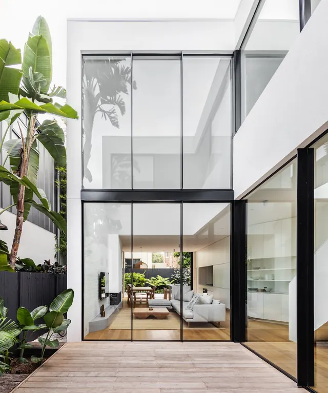Modern architectural glass exterior with garden, photographic, technical, light