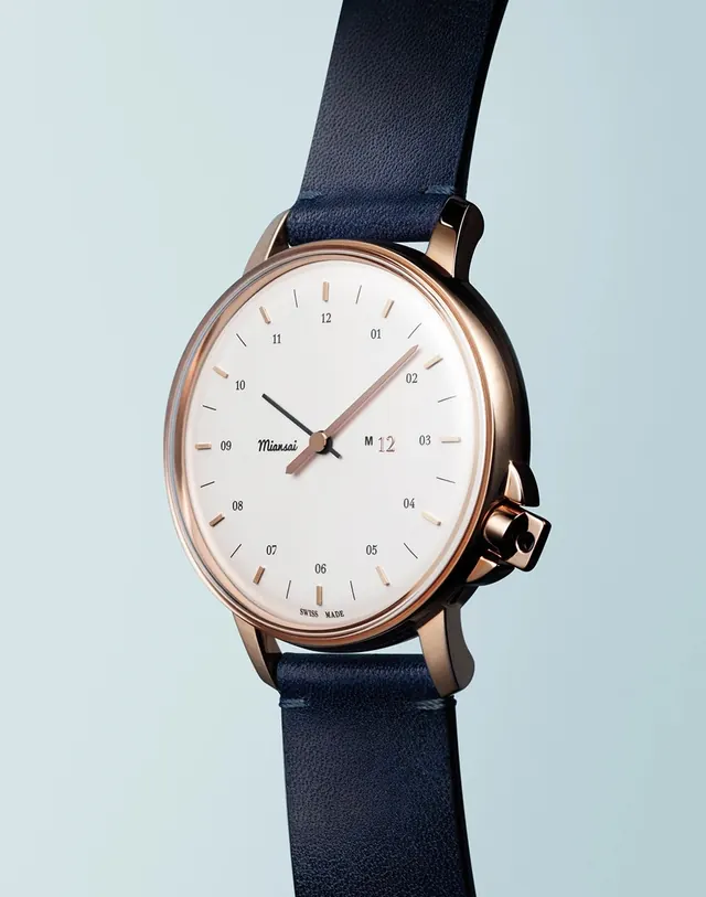 Minimalist wristwatch with rose gold case, photographic, minimalist, light