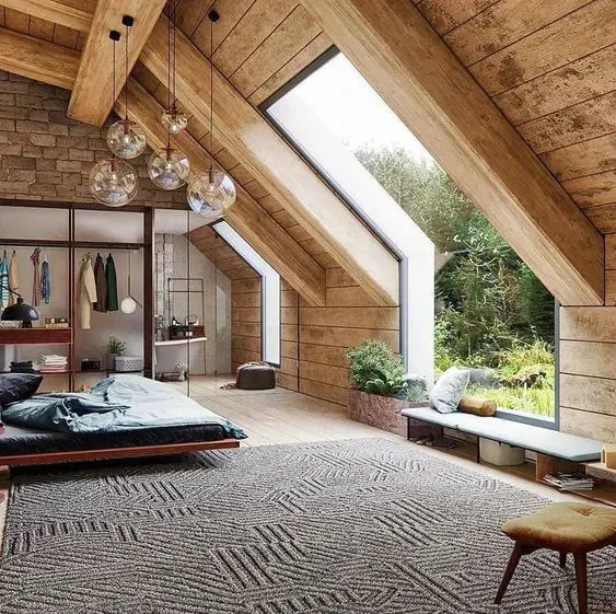 Attic loft bedroom with skylights and wood ceiling, photographic, organic, earthy