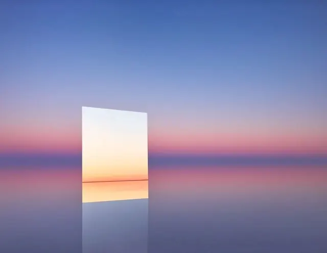 Minimalist rectangle at sunset over still water, minimalist, photographic, warm