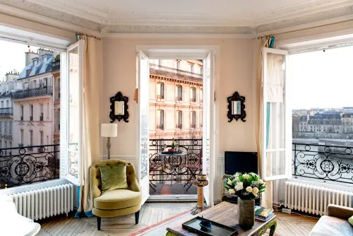 Minimalist Parisian apartment interior, minimalist, photographic, warm