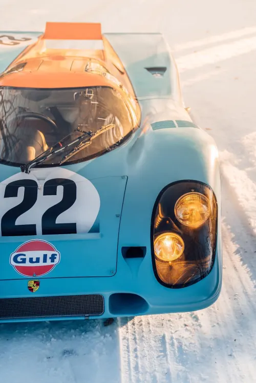 Vintage racing car with Gulf Oil livery overhead shot, photographic, automotive, cool