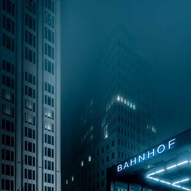 Moody nighttime urban neon photography, photographic, dark-mode, dark