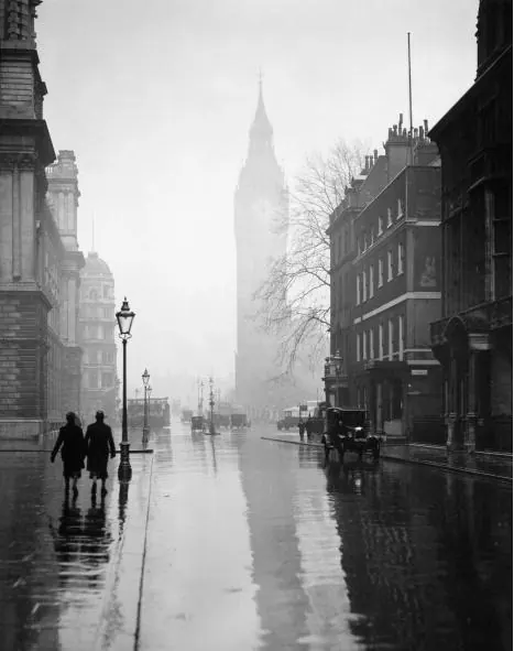 London fog street with Big Ben, photographic, editorial, monochrome