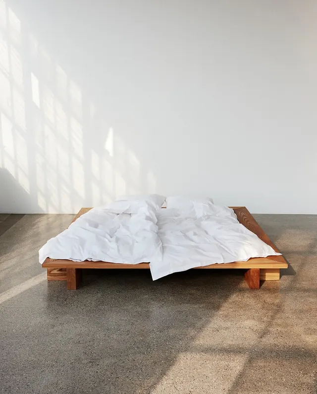 Minimalist wood bed in empty room, minimalist, architectural, neutral
