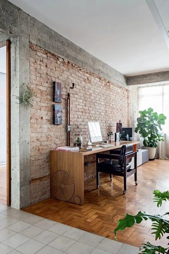 Industrial modern workspace with brick, architectural, modern, warm