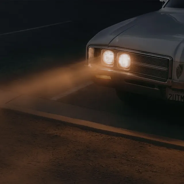 Vintage car headlights in dark scene, photographic, dark-mode, dark