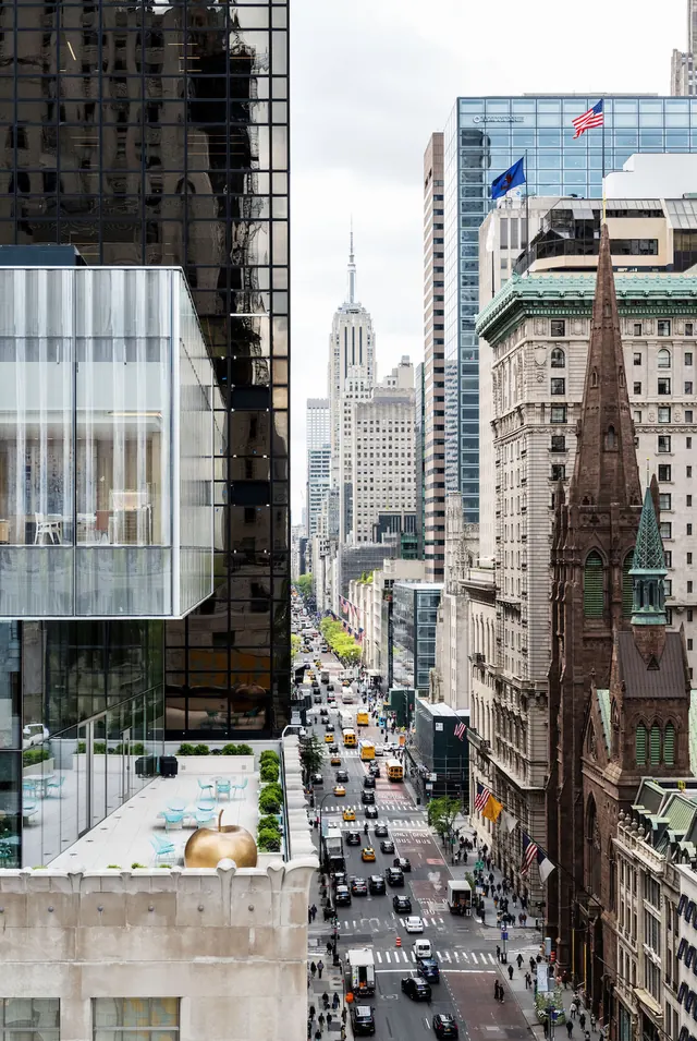 NYC urban streetscape with modern and historic architecture, photographic, urban, cool