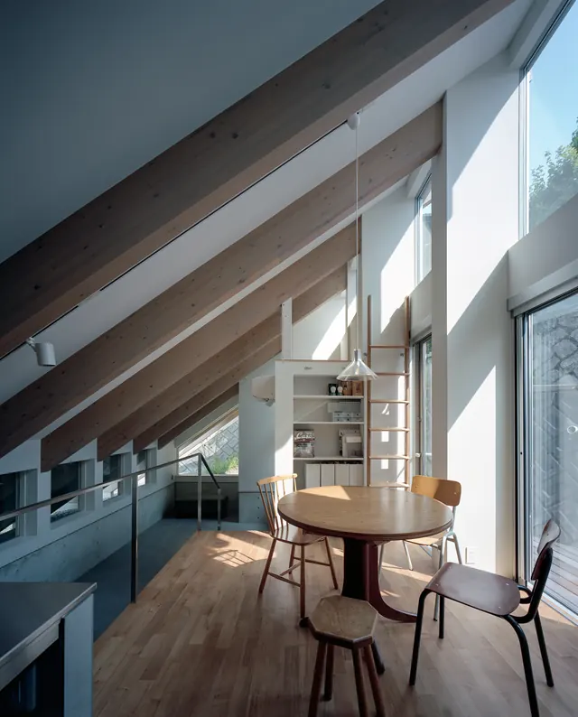Minimal attic home with exposed beams, minimal, photographic, light