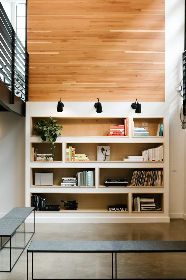Minimalist shelving wall with wood and white, minimal, photographic, light