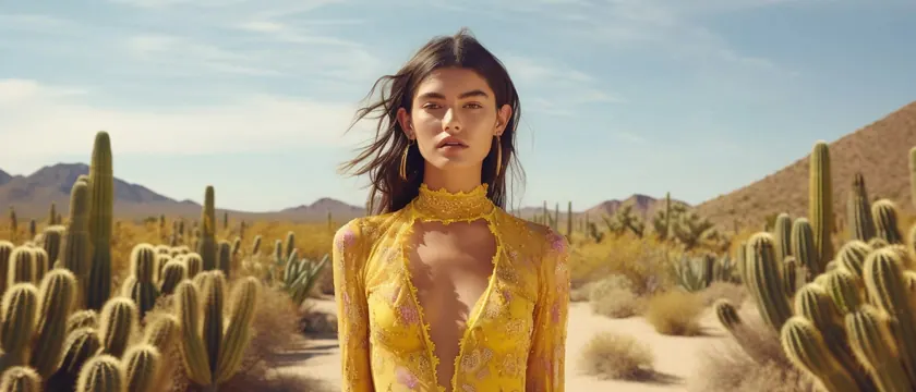 Desert portrait with golden clothing, photographic, editorial, warm
