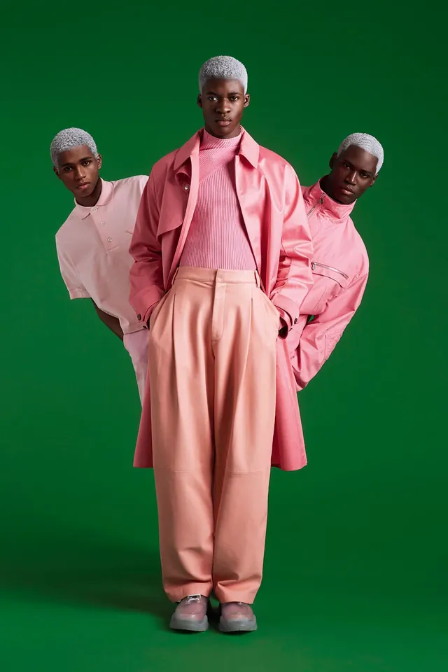 Fashion styling layered pink tones triple figure, photographic, editorial, vibrant